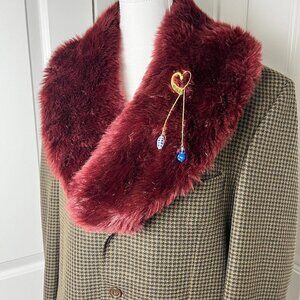 Vtg Houndstooth Detachable Collar Wool Blazer & Handmade Brooch Unisex M Women L